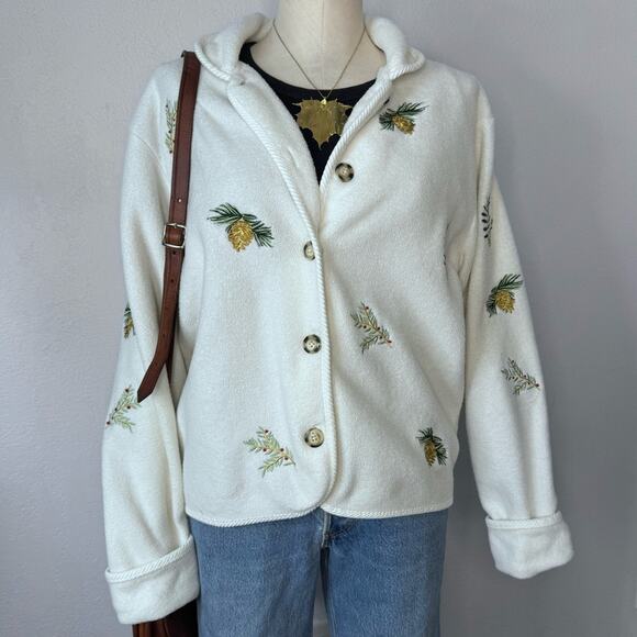 Vintage Holiday Lodge Fleece Jacket Pinecone Embroidered Winter Cardigan Large - Picture 2 of 8